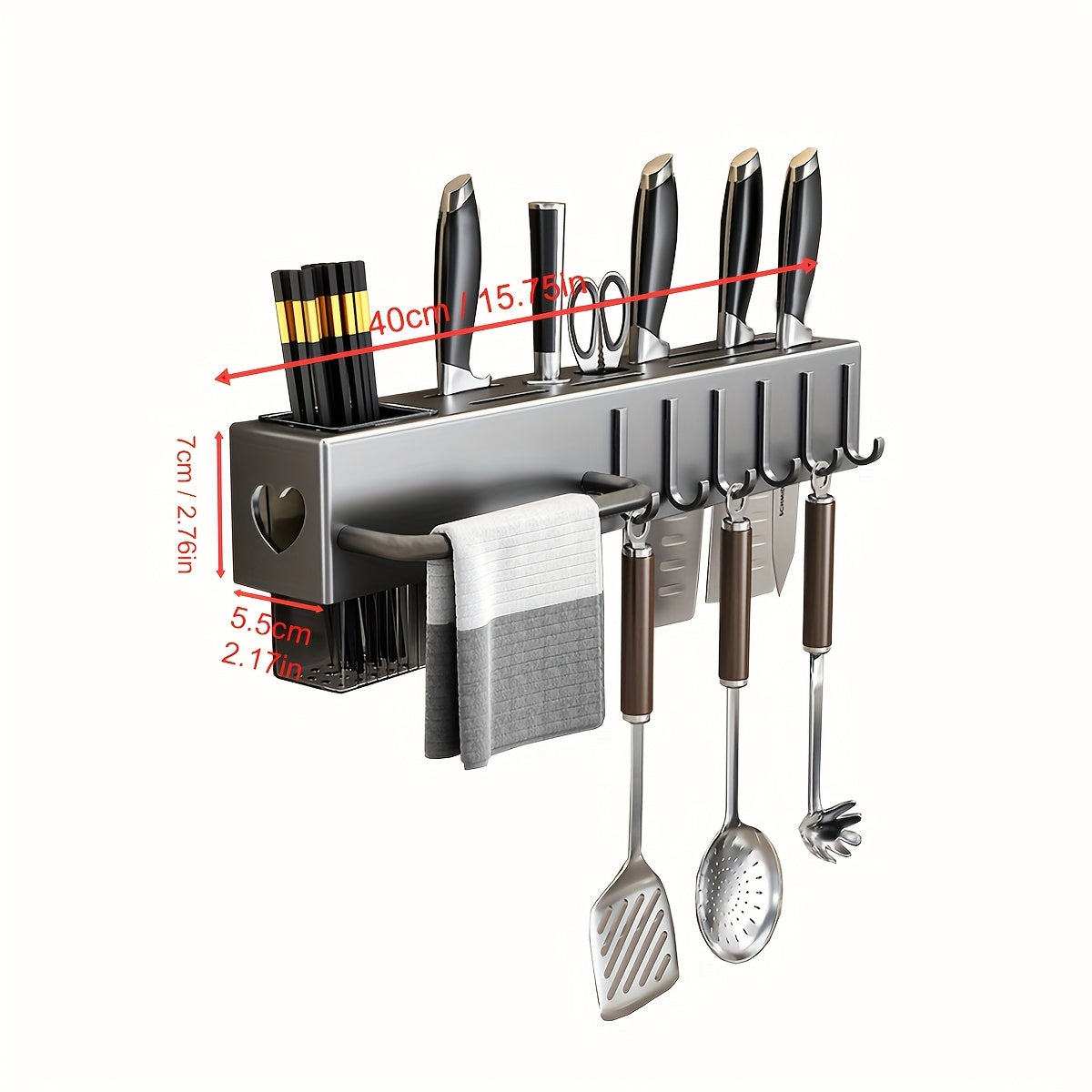 Wall-mounted kitchen utensil holder with hooks, no-drill installation for metal and plastic storage rack. Multi-functional organizer for cookware and cutlery, saving space in the kitchen with a convenient tool shelf and accessories.