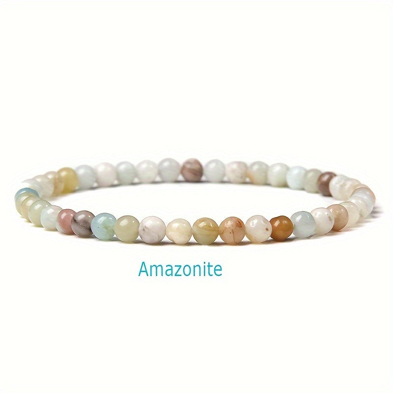 Set of 10 Boho Chic Natural Stone Beaded Bracelets featuring 4mm Round Healing Crystals. Perfect Energy Yoga Jewelry for Women, suitable for daily wear or on vacation. Includes a mix of Assorted Agate, Jasper, and Onyx stones.