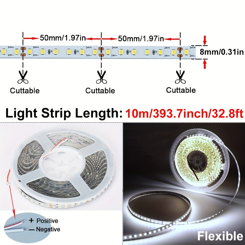 New 10.0m 2835 LED light strip, 24V, 120LEDs/m, white string light for office, hotels, malls, room decoration. Plastic material, DC 24V power supply, non-battery, no electronics.