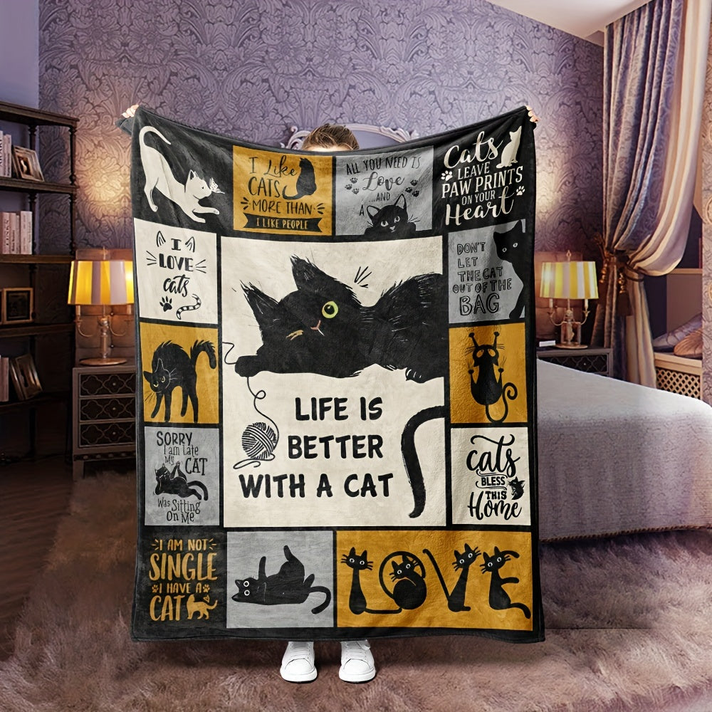 Stay cozy this Halloween with our 1pc Black Cat-themed blanket! Made with lightweight flannel, this portable blanket is perfect for use in the sofa, bed, travel, camping, living room, office, couch, chair, and bed. This soft and warm gift blanket is a