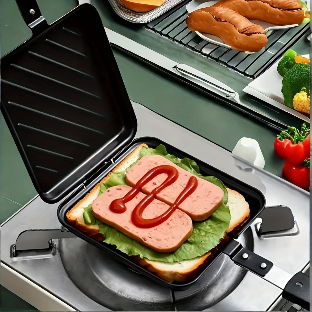 Cast Iron Sandwich Press with Non-Stick Double-Sided Griddle, Perfect for Breakfast Eggs, Waffles, and Sandwiches, Ideal for Home or Outdoor Camping Kitchen Cookware