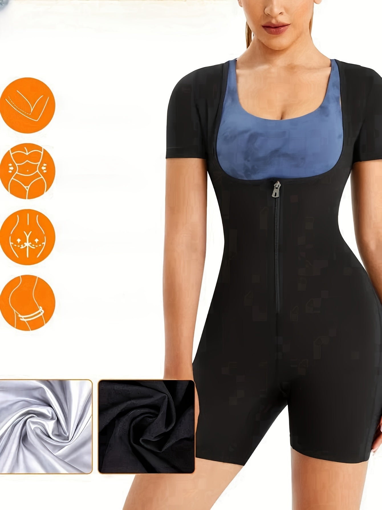 Women's bodysuit for shaping, sports, fitness, and sweat-inducing workouts with moisture-wicking properties and abdominal control.