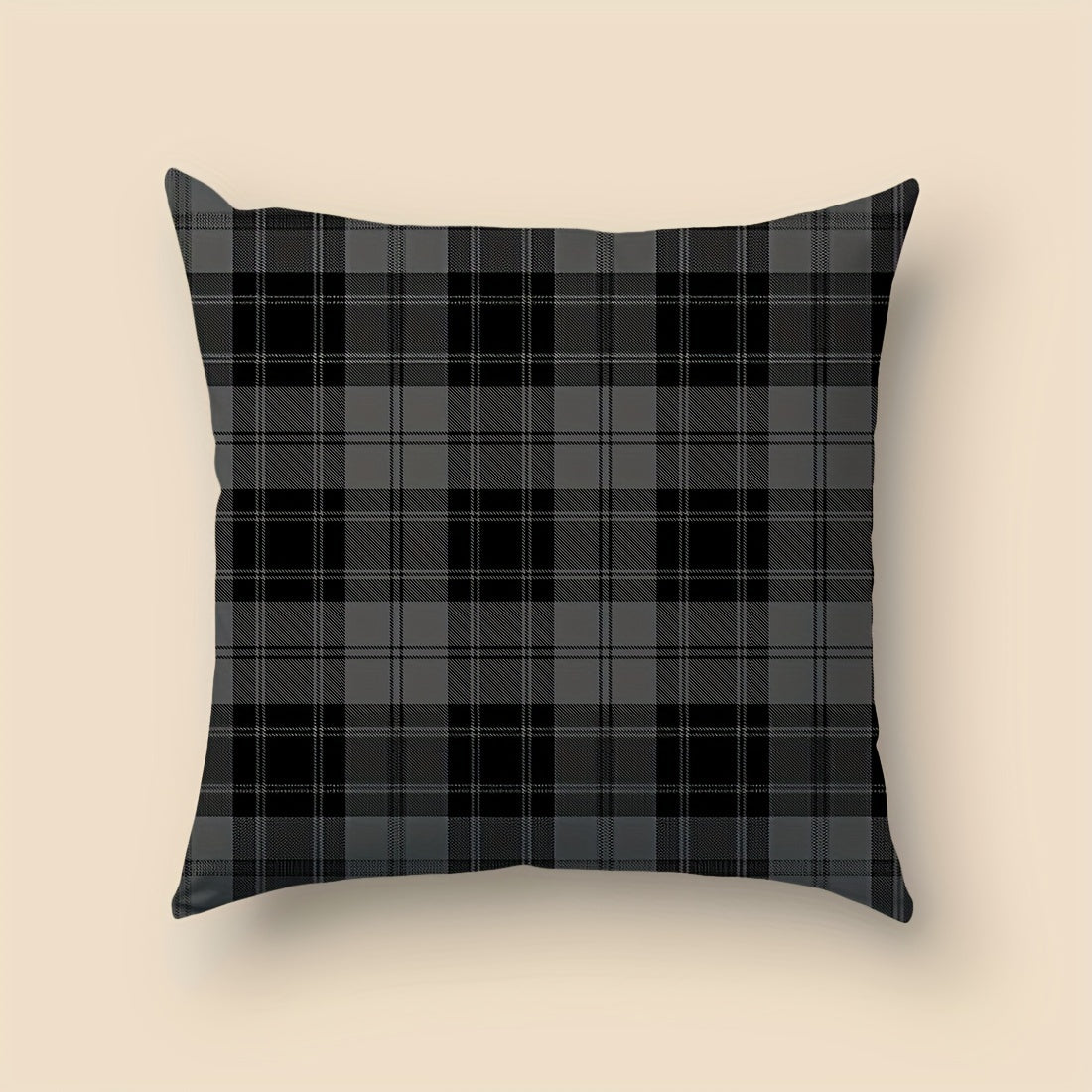 Grey and black plaid throw pillow cover made of peach skin velvet material measuring 45.72x45.72 cm. It features a dual-sided print, zip closure, and is machine washable. Perfect for adding a cute touch to your living room, bedroom, or car decor.