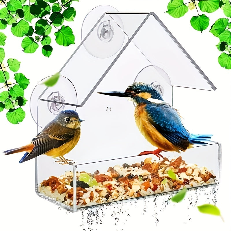 Durable clear acrylic bird feeder with suction cup for all bird species, easy to clean and perfect for window installation.