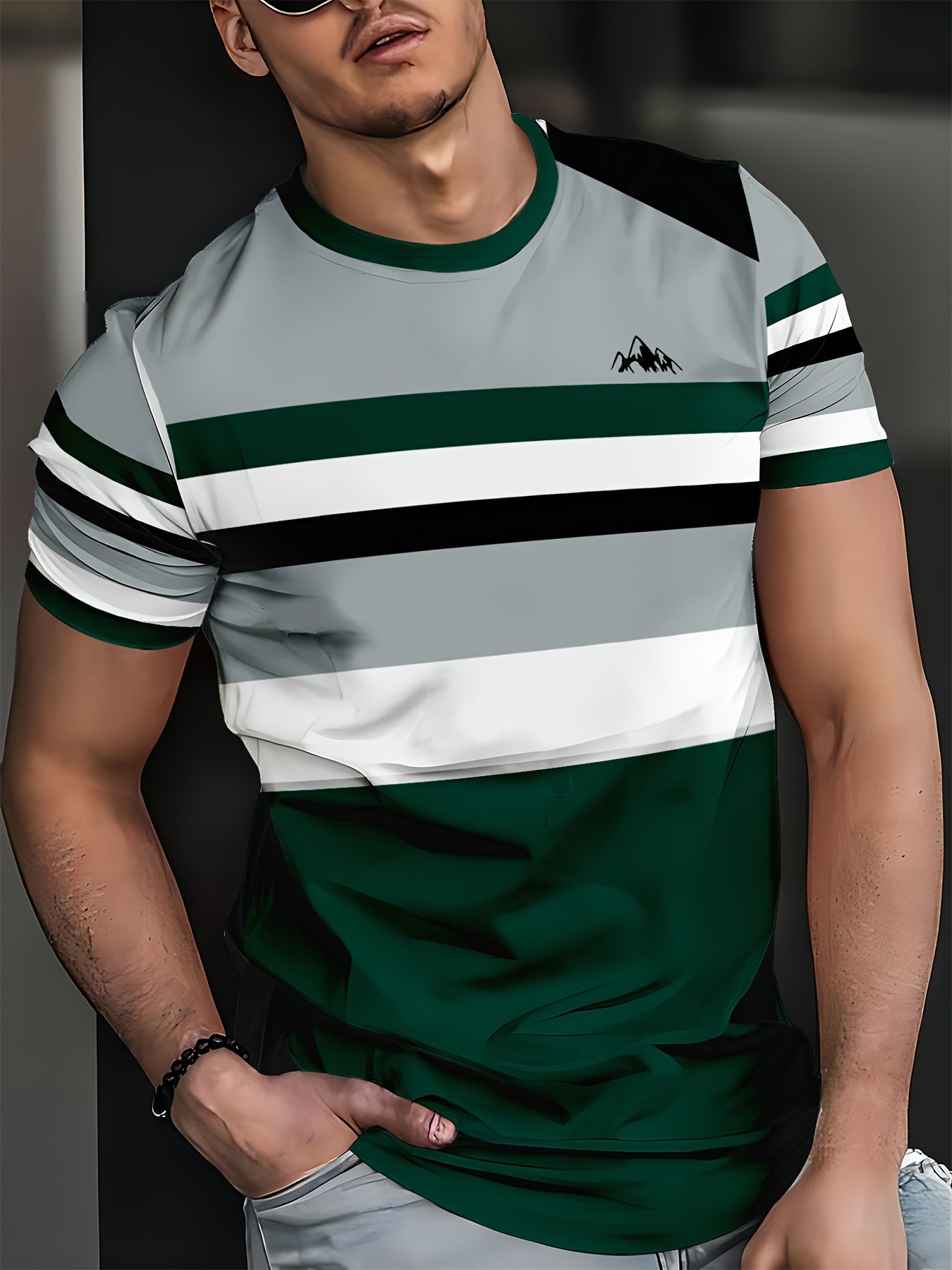 Men's Fashion Striped T-Shirt, Polyester Crew Neck, Regular Fit - Deep Green and White