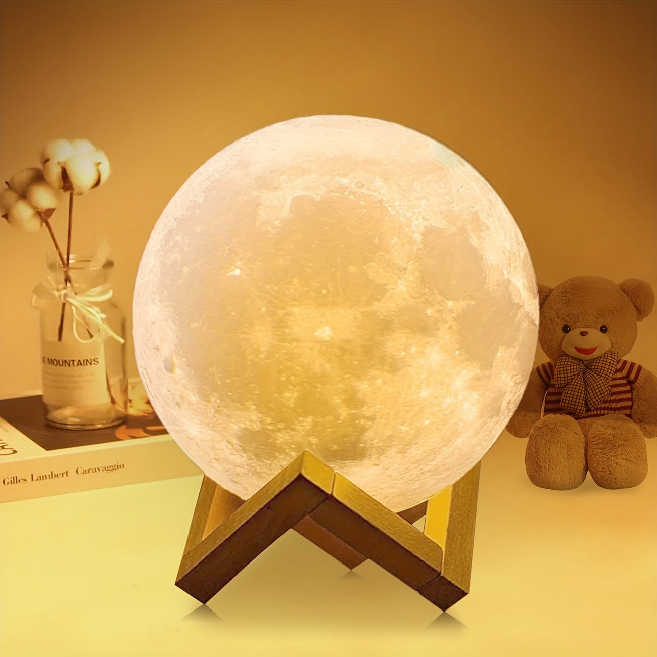 Moon night light for girls with wooden base, 2 control methods (remote and touch), rechargeable with 128 colors, 12cm diameter. Perfect gift for holidays and special occasions.