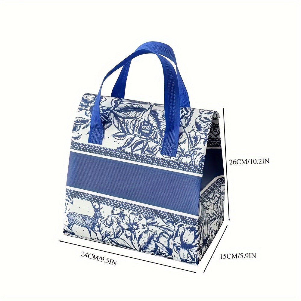 10 pieces of extra large insulated pizza delivery bags in a blue and white floral/deer pattern. These reusable polypropylene cooler totes feature a flip-top lid, perfect for catering, picnics, and food service takeout. The sturdy handle makes it easy to