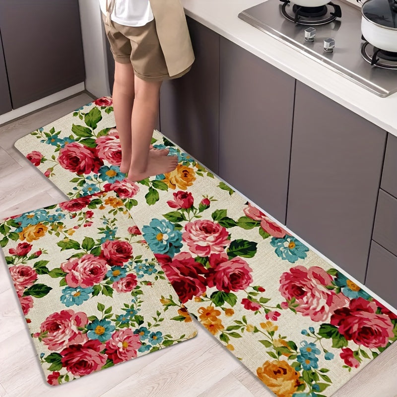 Polyester kitchen mat with floral design is non-slip, oil-proof, and waterproof. Machine washable and dirt-resistant, suitable for various rooms. Water-absorbing and decorative floor mat.