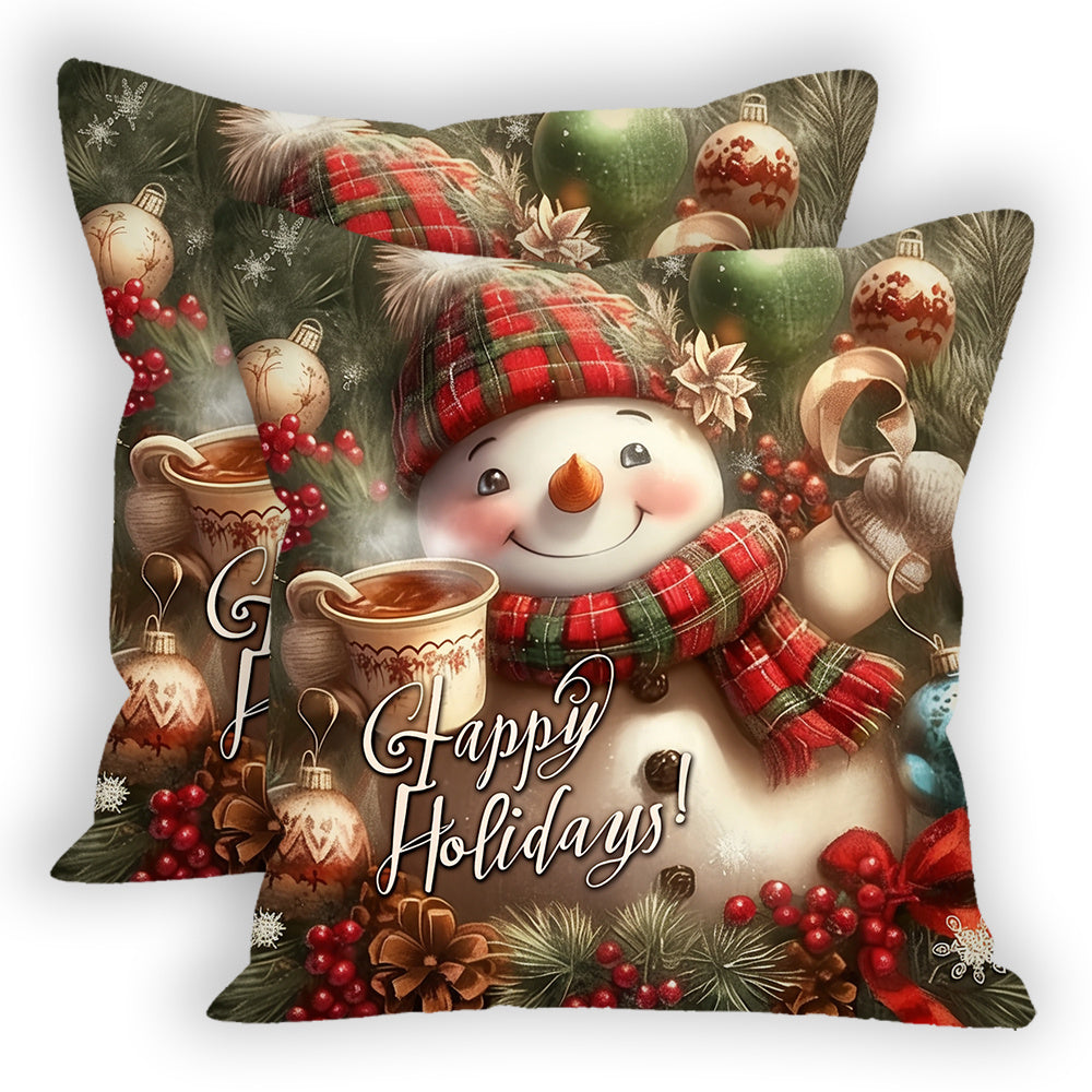 Set of 2 Christmas Snowman Throw Pillow Covers, 18x18 inches, made of durable Polyester Blend material. Easy to clean with machine washable feature. These festive Woven Square Cushion Cases are perfect for adding holiday spirit to your sofa and bedroom.