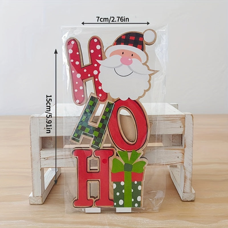 Wooden letter ornaments with Santa, snowman, and gnome designs for Christmas decoration in classic style. Made of manufactured wood, suitable for holiday decor, prom, or general use. Features an animal theme with various hanging shapes.