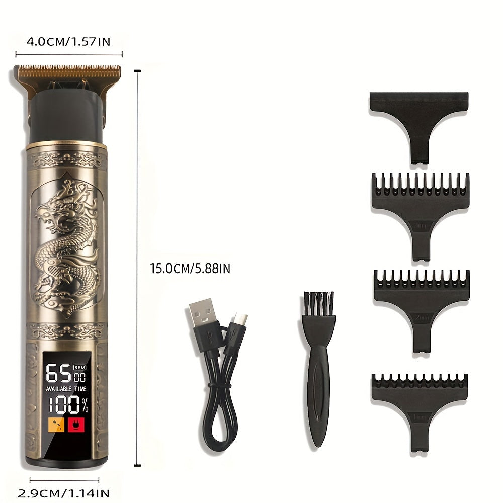 USB rechargeable hair clippers for men with guide combs for precise haircuts.