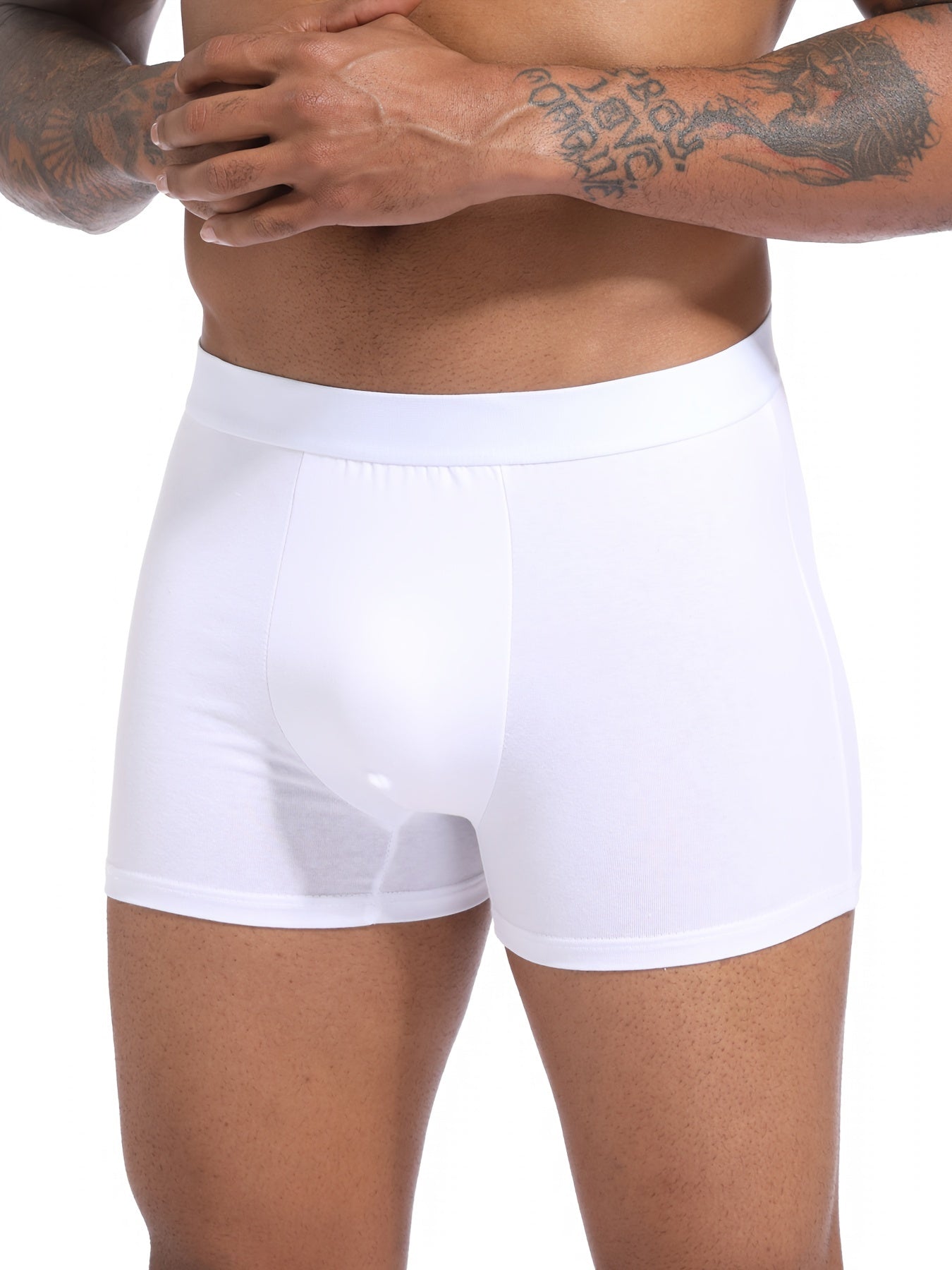 Men's white boxer shorts, 5 pcs in polyester blend with elastic waistband. Durable, breathable, machine washable, ideal for casual wear.