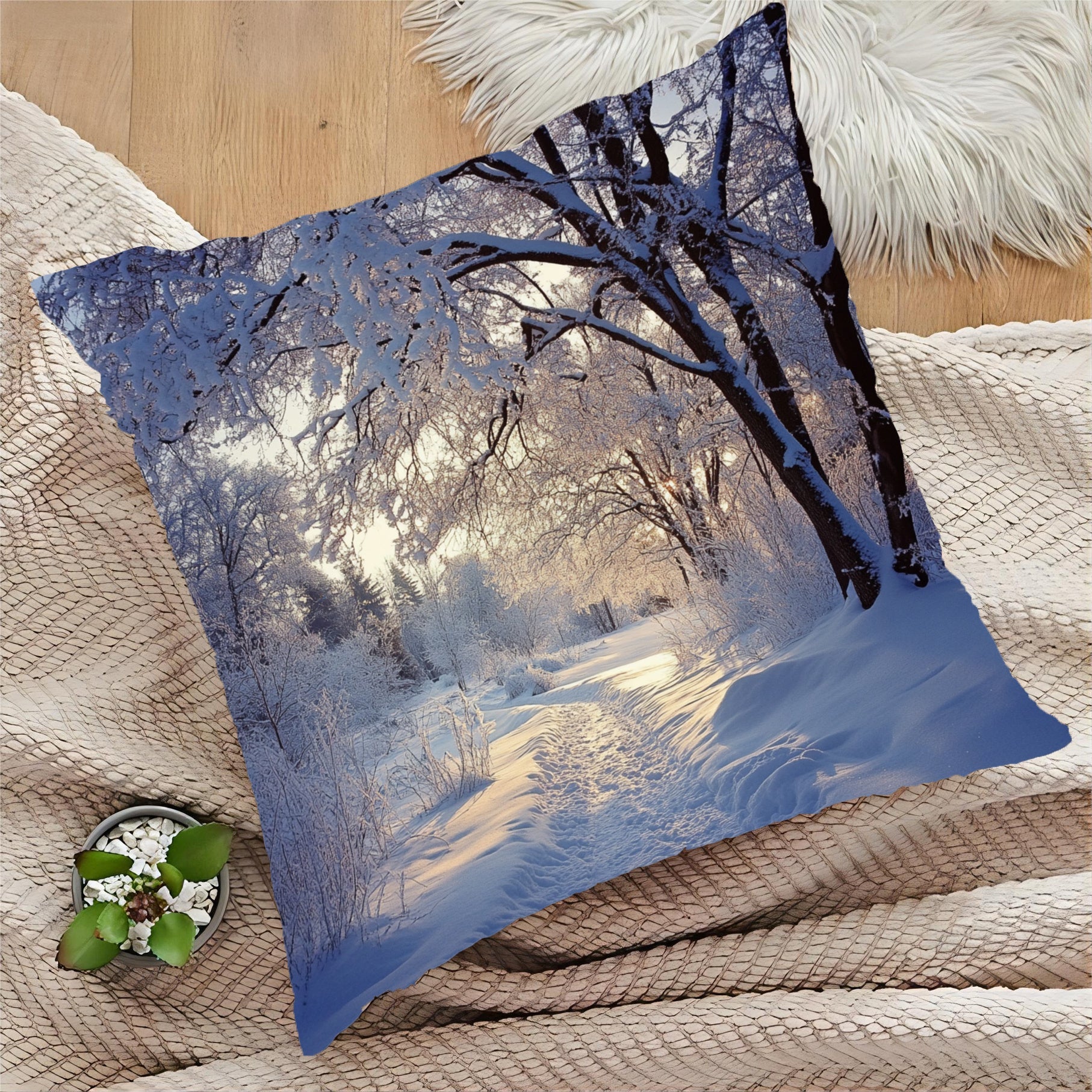 Stay cozy with our Winter Wonderland Snow Scene Throw Pillow Cover, measuring 45.72x45.72 cm. Made of contemporary short plush polyester, this machine washable pillowcase features a zippered design for easy cleaning. Suitable for various room types, this