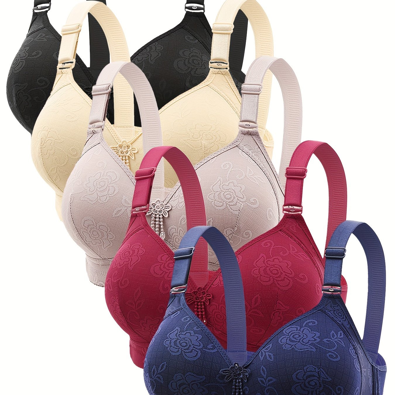 5 Elegant Nylon Push Up Bras with Wireless, Non-Removable Padding in Solid Color Knit Fabric for Adult Everyday Comfort.