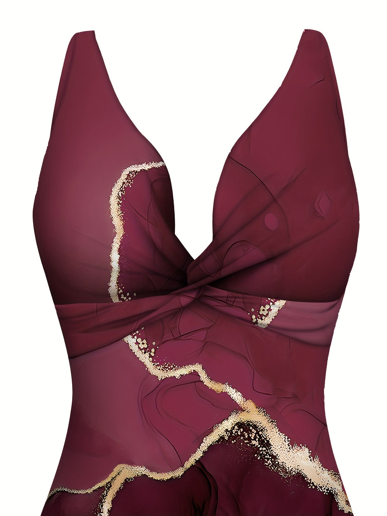 Deep red printed two-piece beachwear set with crisscross details on one-piece bathing suit and matching tie-waist skirt, perfect for parties.