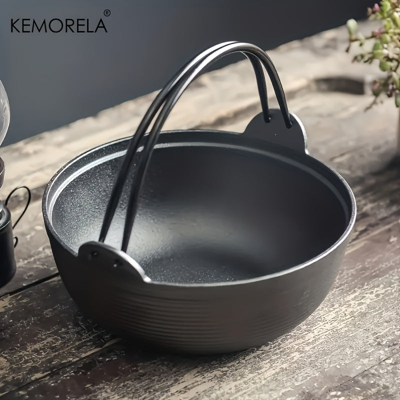 KEMORELA Cast Iron Stockpot with Wooden Lid - Pre-Seasoned Non-Stick Sukiyaki Pot - Ideal for Outdoor Camping - Multi-Purpose Cast Iron Cookware for Stews and Frying