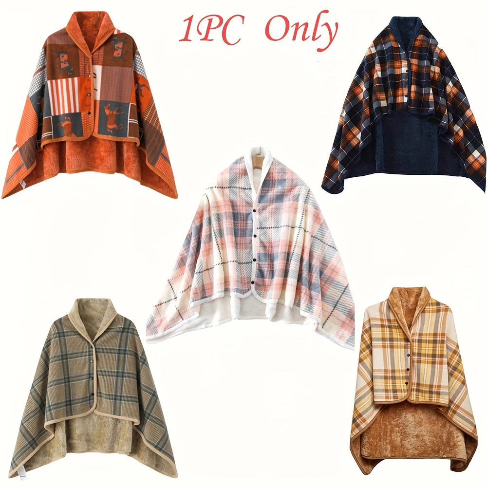 Оставайтесь теплыми и стильными с нашим reversible plaid shawl - толстой и уютной зимней накидкой с удобной кнопочной застежкой, идеально подходящей как для офиса, так и для дома.