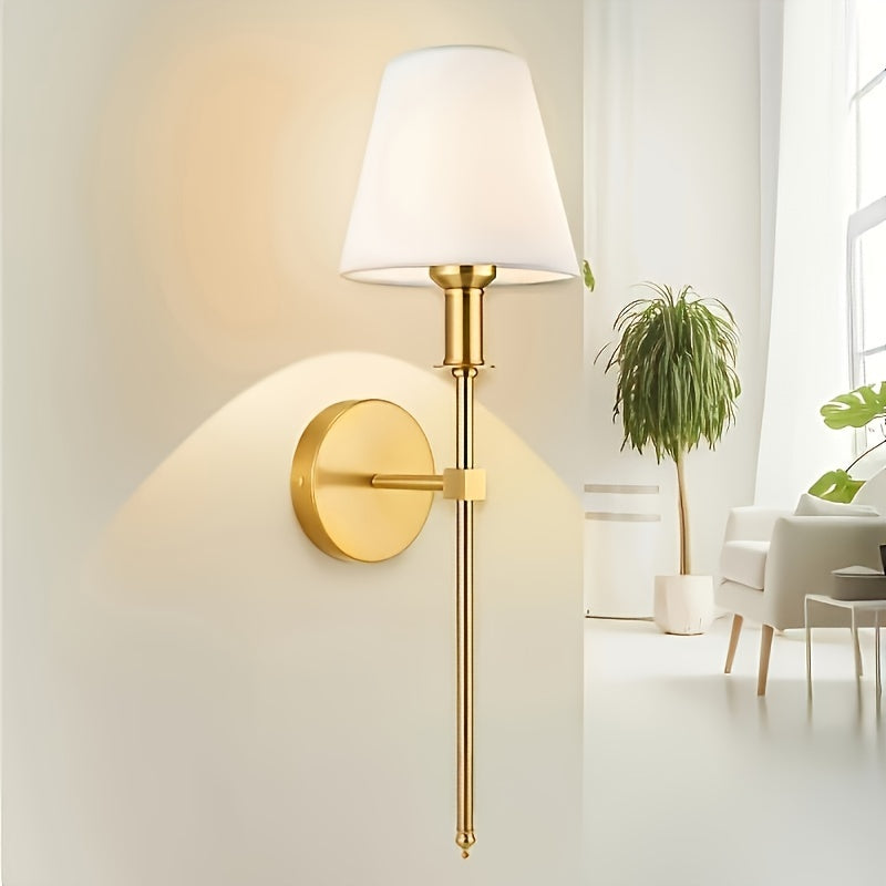 Pair of modern wall sconces with white fabric shade, metal flush mount ceiling lights, dimmable foldable area lighting for bathroom, bedroom, hallway, and kitchen. Hardwired with touch