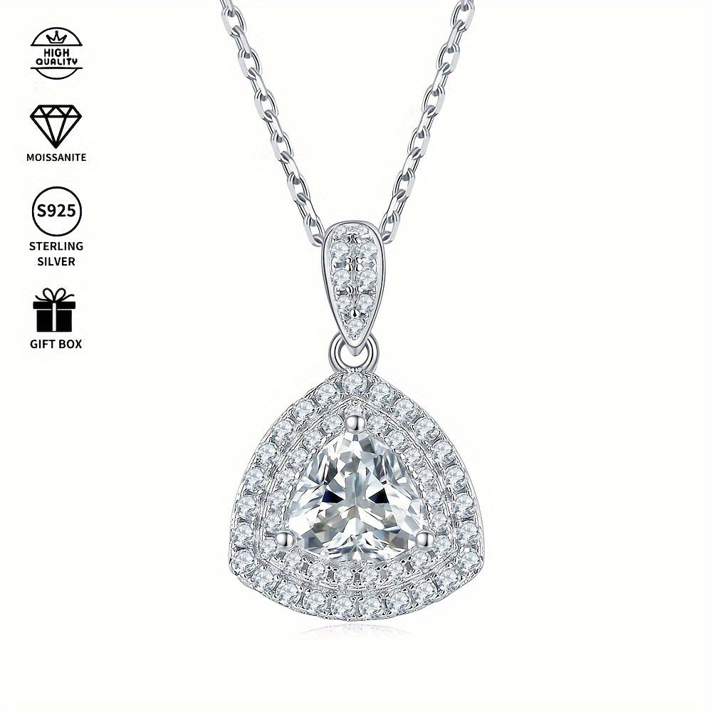 Experience elegance with the SEVENMOONS Luxury Moissanite Jewelry Set. Crafted with 925 sterling silver and platinum plating, this set features a stylish triangle pendant necklace and matching stud earrings. Perfect for adding a touch of glamour to any