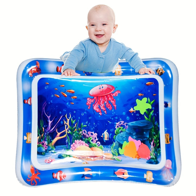 Inflatable Jellyfish Play Mat featuring underwater theme with sea creatures, promotes motor skills and interactive fun learning, made of durable PVC material.