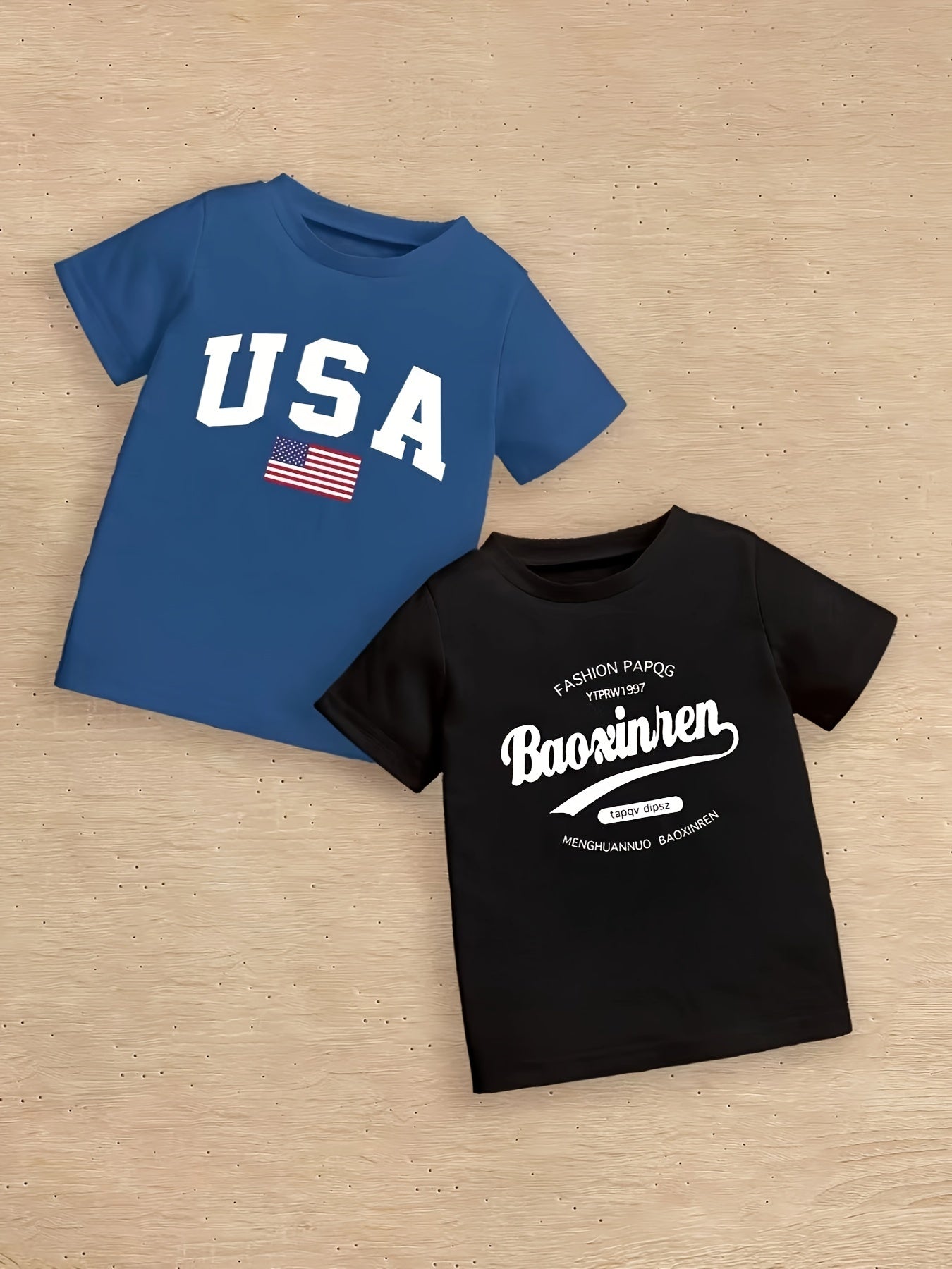 5-piece boy's summer casual tee with various prints: 'USA', calligraphy letter pattern, 'KIDS...', 'BEST CUTE...', and 'CALIFORNIA...'. Cool, comfy, and versatile gift option.