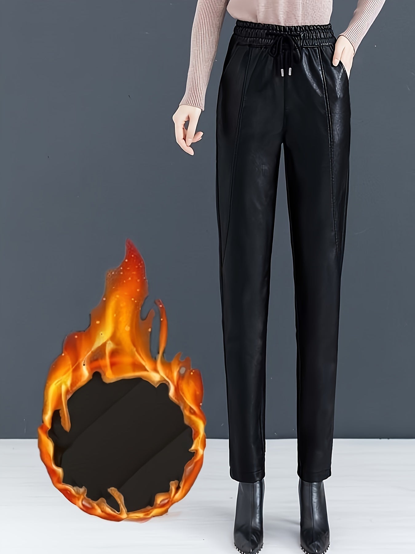 Winter women's faux leather lounge pants with fleece lining, drawstring waist, and pockets.