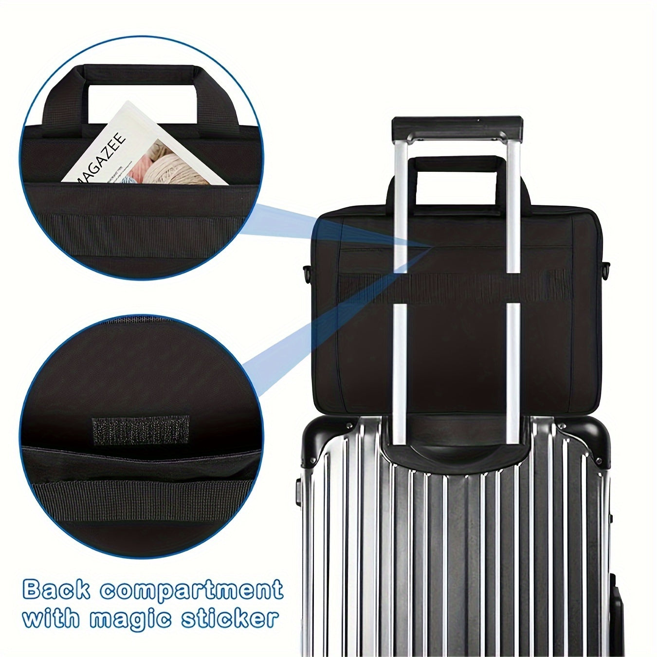 14-inch laptop briefcase with waterproof, TSA-compliant polyester material, and adjustable/detachable shoulder strap.