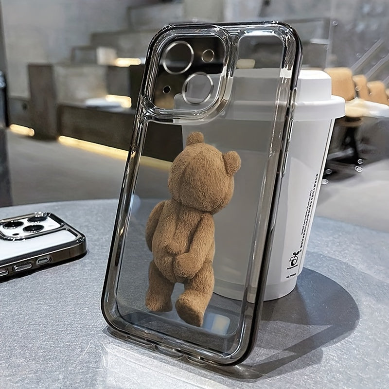 Transparent TPU phone case featuring a cartoon teddy bear design, compatible with various iPhone models.