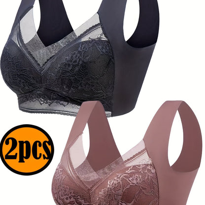 Solid Floral Lace Wireless Tank Bra with Full Coverage and Push Up for Women's Lingerie & Underwear