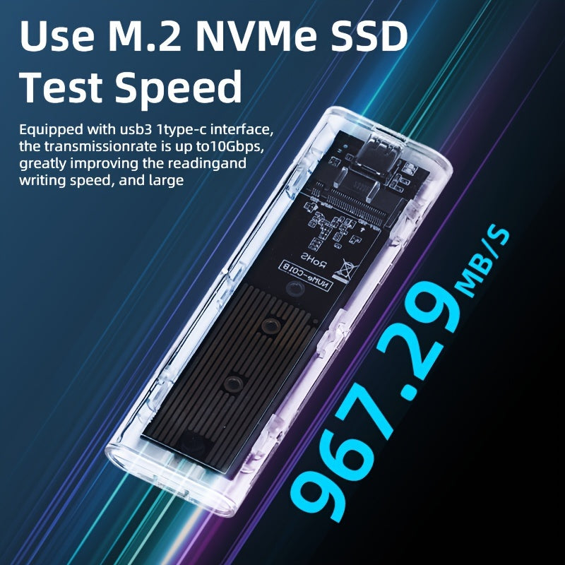 Clear USB Type C enclosure for M.2 NVME SSD with 10Gbps transfer speed.