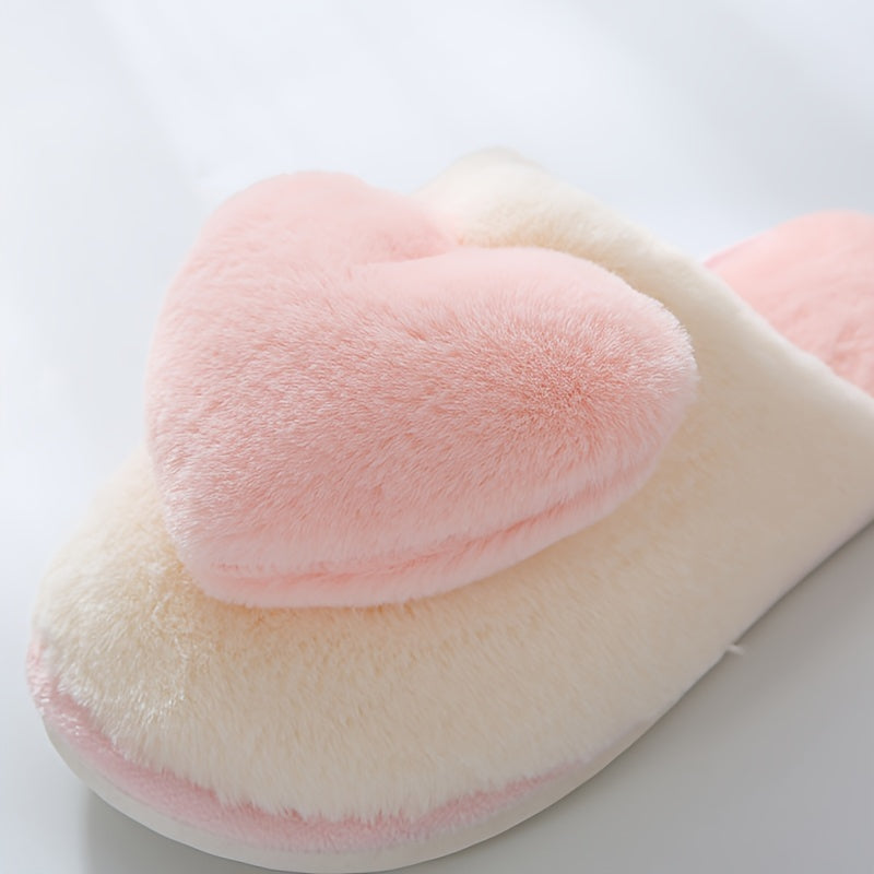 Warm and comfortable winter heart pattern slippers for women with faux fur, thicken plush, and non-slip sole.