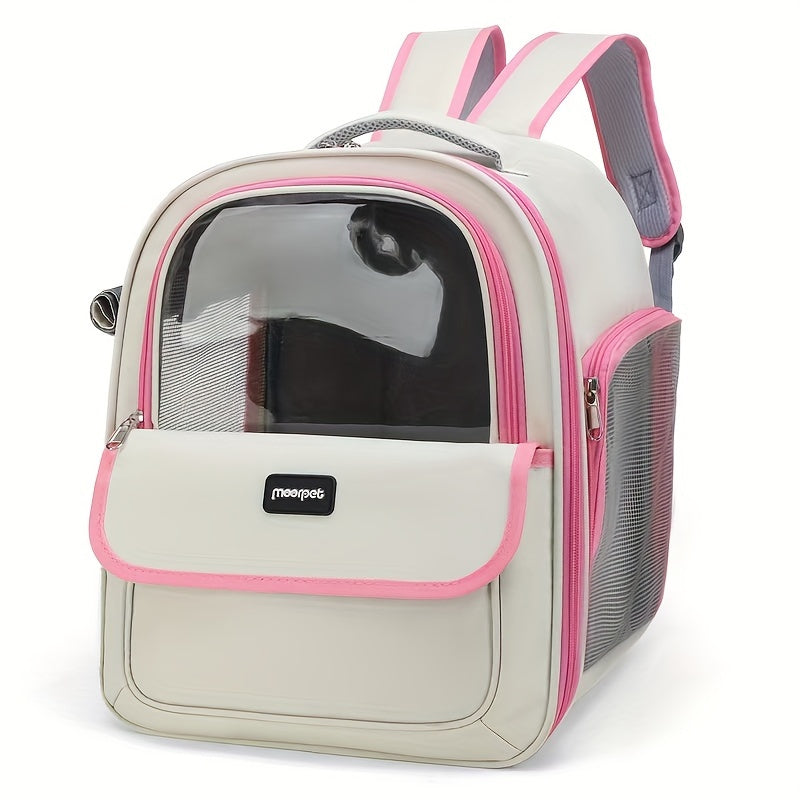 Large transparent space capsule pet carrier backpack for cats or dogs, breathable and portable.