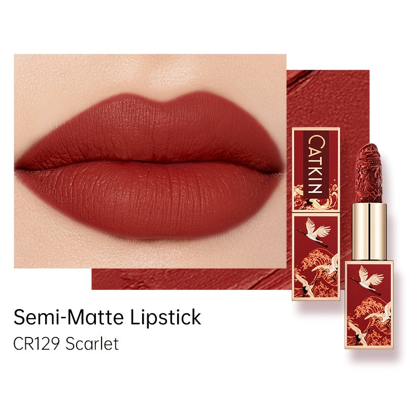 CATKIN Red Carving Matte Lipstick with Waterproof Long-Lasting Satin Finish for Smooth Red and Nude Lips.