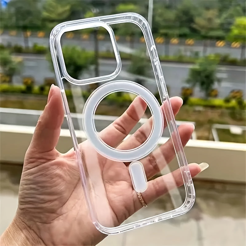 Clear magnetic phone case compatible with Apple iPhone X to 16 Series, with hard back and soft edges that won't interfere with screen protector.