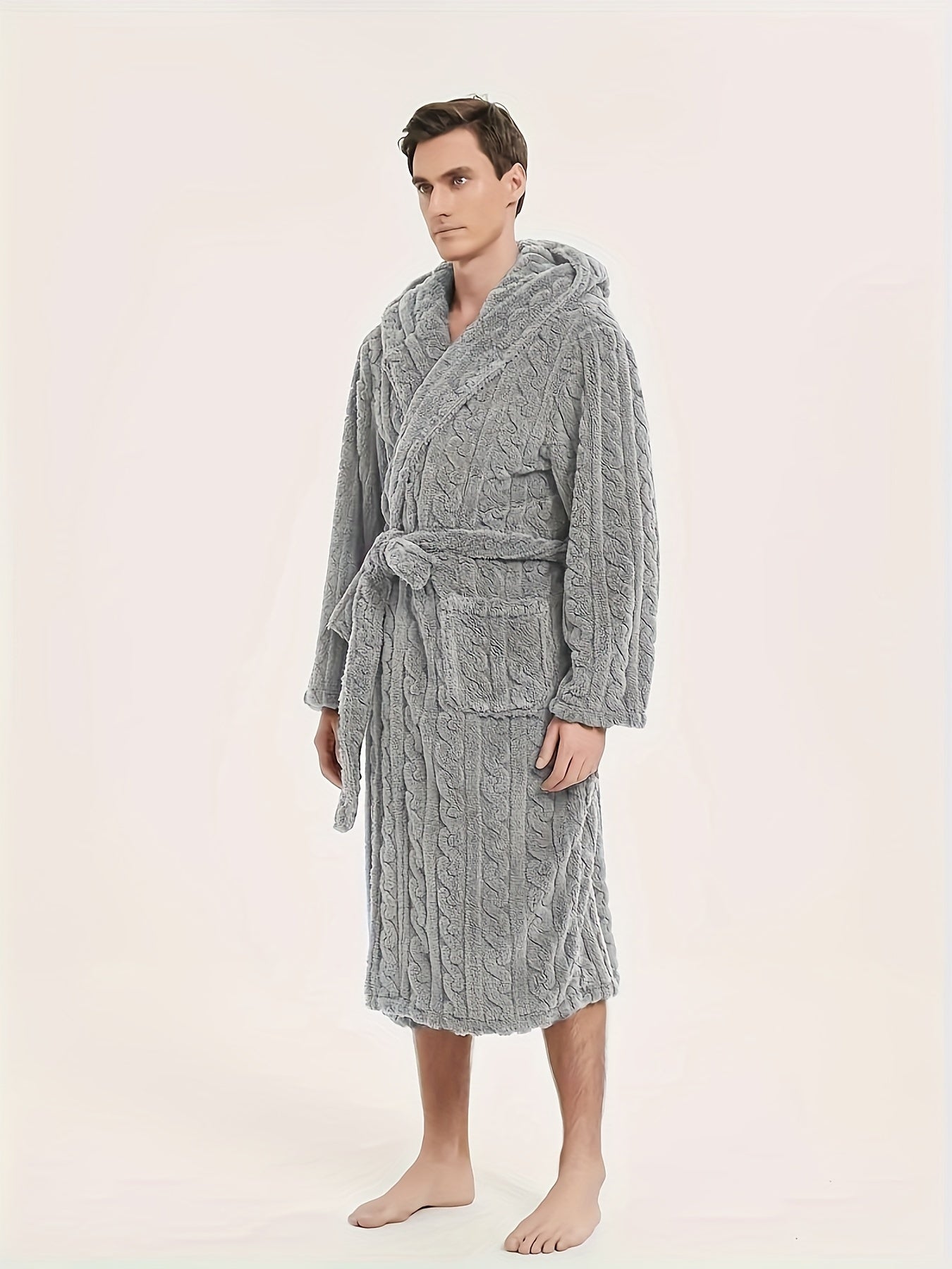 Men's fleece hooded robe for home and hotel use, with belt for comfort.