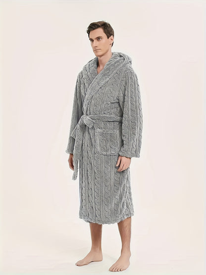 Men's fleece hooded robe for home and hotel use, with belt for comfort.