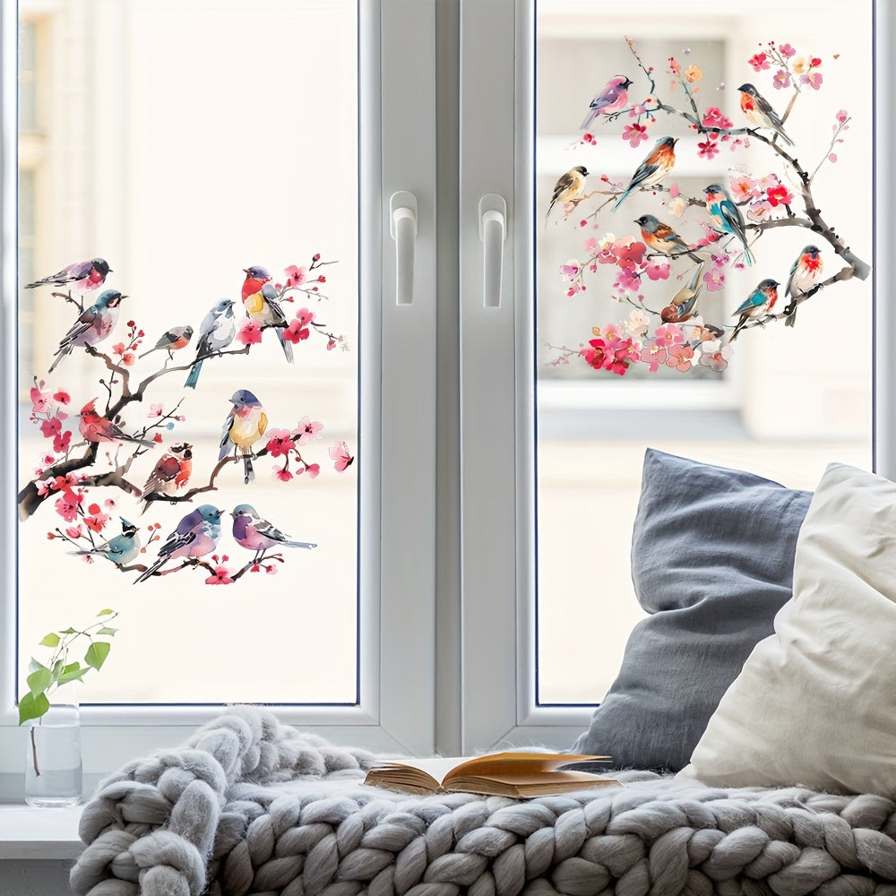 Decorate your home with Watercolor Tree Branches featuring Birds and Flowers - Removable Glass Window Sticker - Measures 59cm x 23.23 inches