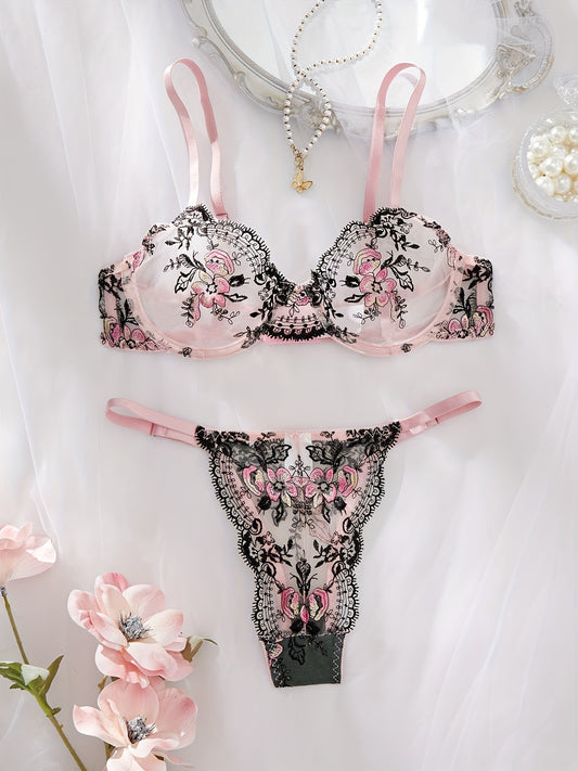 Sexy lingerie set with floral embroidery mesh and sheer fabric, including bra and thong underwear.