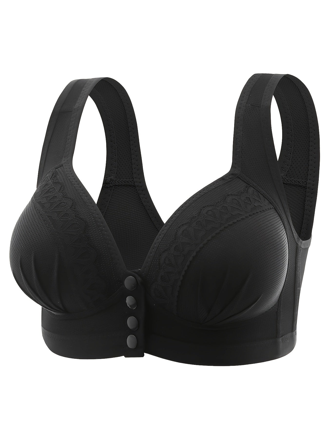 Three contrast lace wireless bras, front buckle push up style, comfortable and breathable, perfect for women's lingerie and underwear.