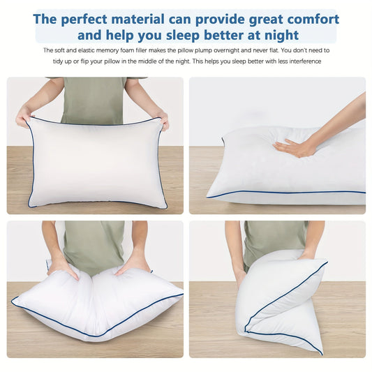 Two soft microfiber bed pillows filled with fluffy fiber for a comfortable night's sleep. These hypoallergenic pillows are breathable and perfect for enhancing hotel or home decor. Ideal for back, belly, or side sleepers.