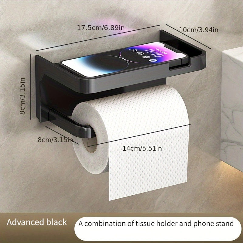 Wall-mounted bathroom toilet paper holder with shelves in matte black finish, includes phone stand, no-drill installation.