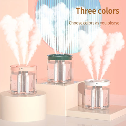 1 compact misting humidifier with 3 outlets, USB-powered, ideal for bedroom or office use, desktop-friendly design.