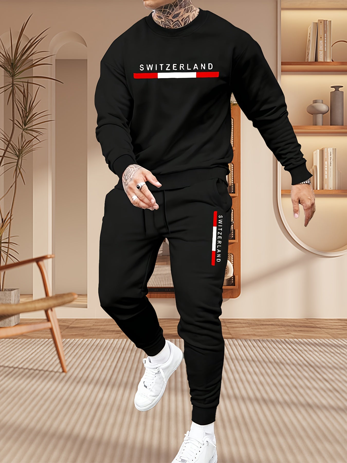 Print Men's Two-Piece Trendy Clothing Set with Printed Hoodie, Sweatshirt, and Jogging Pants