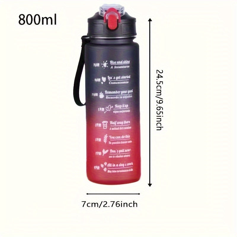 Gradient color water bottle with straw made of durable PC material, 800ml/300ml; red to black design with motivational phrases for fitness and health; portable and waterproof.