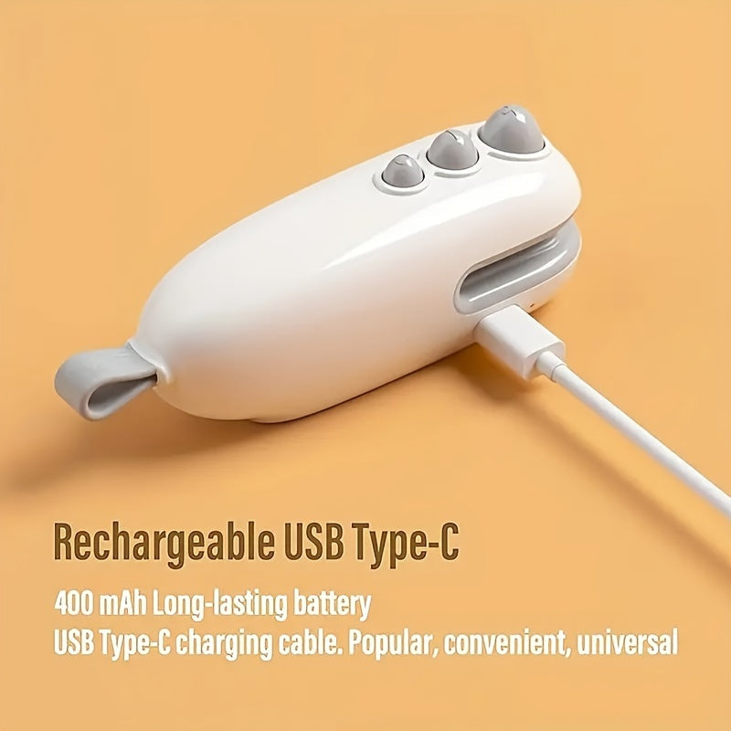 Portable USB rechargeable mini bag sealer and cutter with magnetic heat seal for food preservation. Ideal for office use with a 400-1.0mAh lithium battery. Features a sleek modern design and one-button operation in white. Perfect for the office kitchen