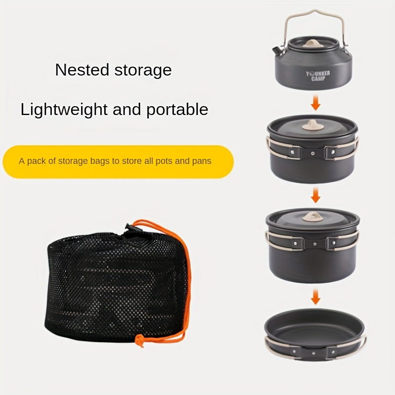 Experience the great outdoors with the YOUNKER CAMP 12-Piece Camping Cookware Set. This aluminum lightweight portable set includes camping pots and pans complete with a stove, perfect for hiking, picnics, and more. Made from food-grade materials with