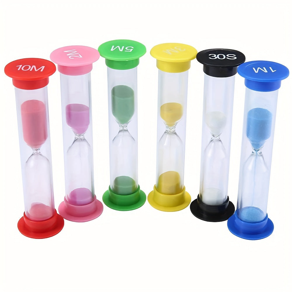 Set of 6 colorful mini sand timers for school or office.