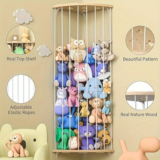 Adjustable Wall-Mounted Wooden Plush Toy Organizer - Space-Saving Storage Solution with Large Angle Design for Living Room & Bedroom