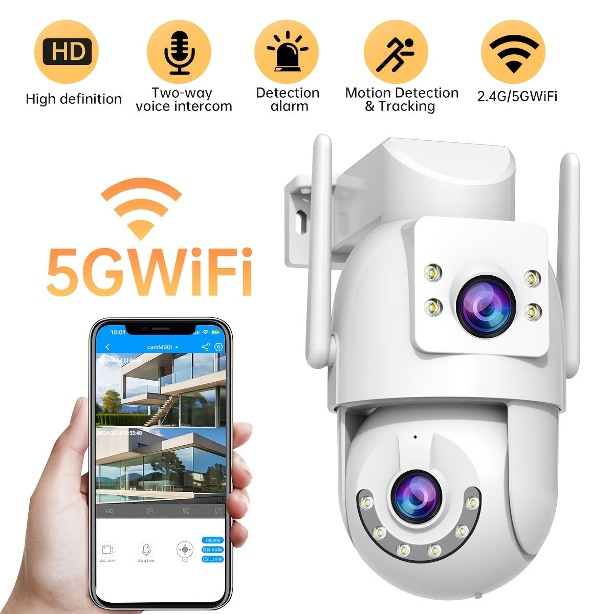 Experience advanced home security with our Outdoor HD two-way video call feature, closed-circuit TV monitor, remote access via your mobile phone, 360-degree photography, full-color night vision, two-way video communication, built-in Wi-Fi hotspot, simple