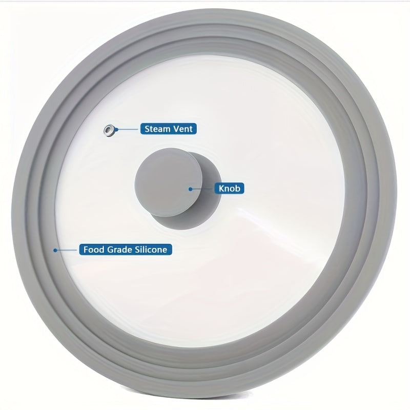 Universal pot cover designed to fit flat pans and frying pans, made of tempered glass with a silicone edge. Compatible with kitchen utensils ranging from 20 to 28 cm/ 7.8in to 11.02in in diameter. Can also be used as a replacement cover and is dishwasher